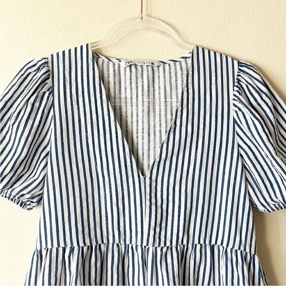 Zara Cotton Linen V Neck Striped Tiered Mini Dress - Picture 3 of 10